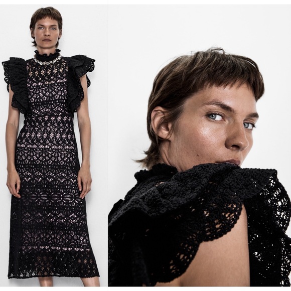 zara black crochet dress